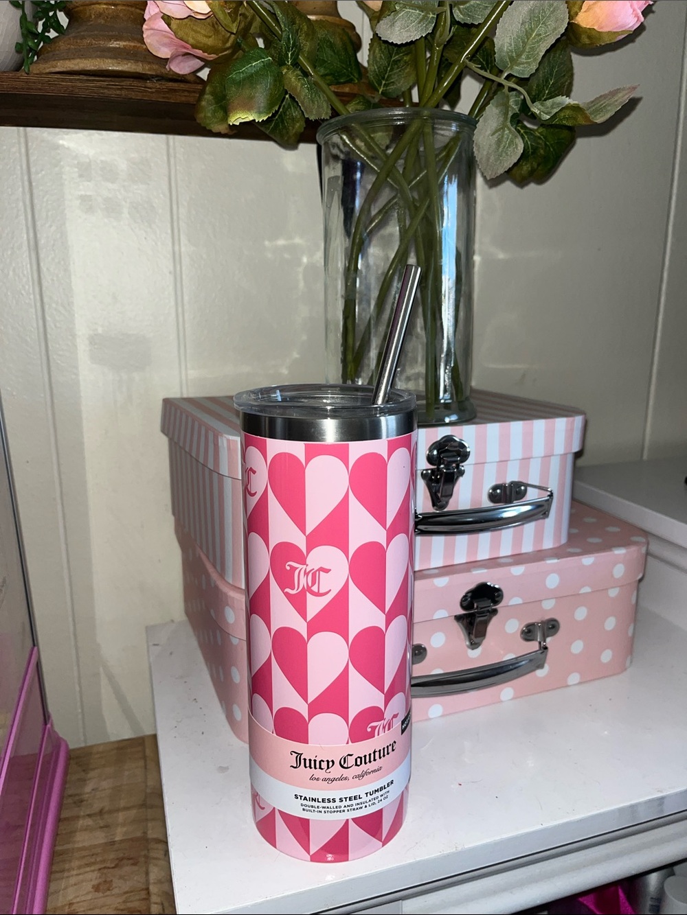 Juicy Couture Pink Heart Pattern Stainless Steel Tumbler with Straw